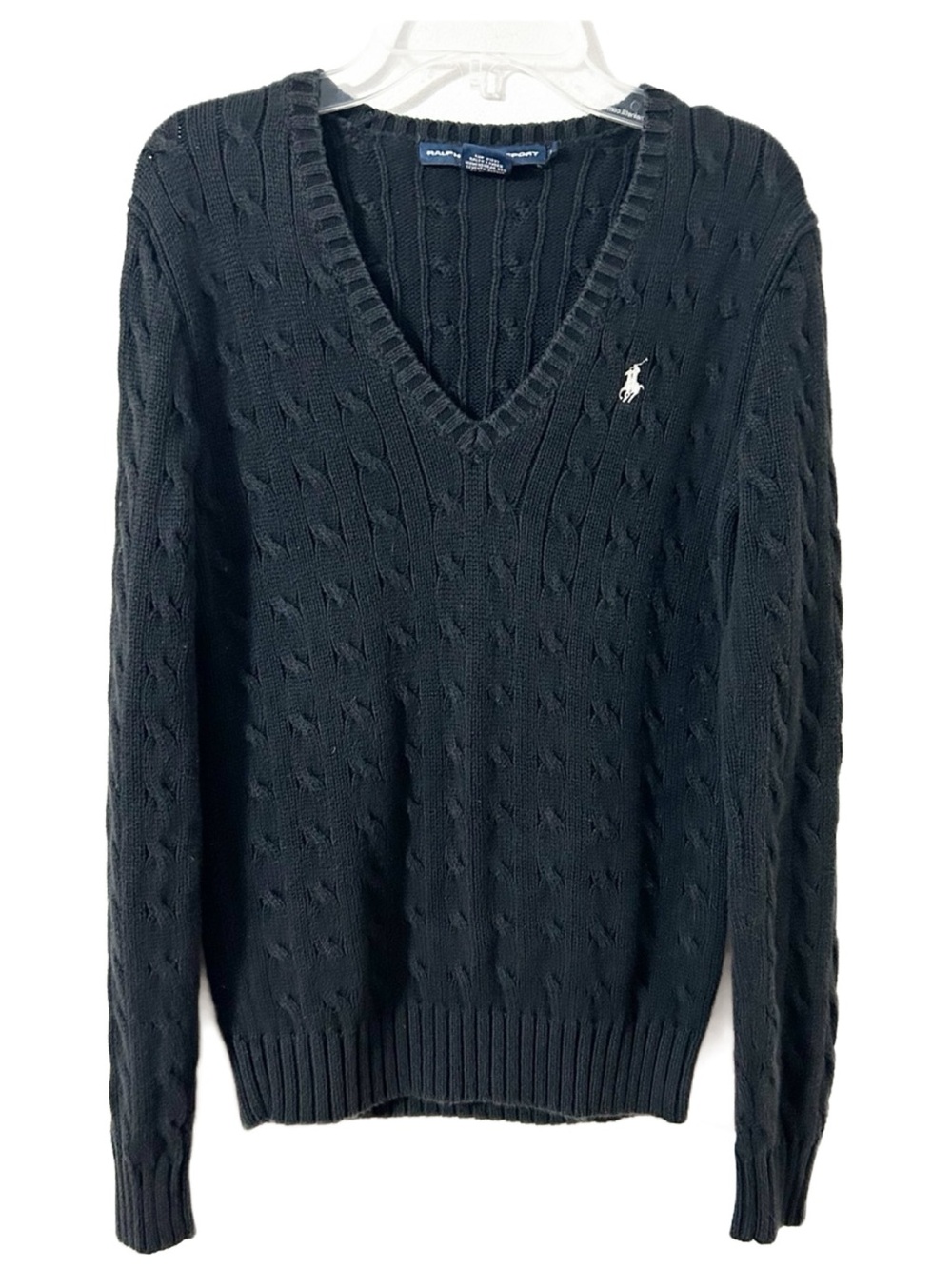 Ralph Lauren Sport Womens Black Cable-Knit Cotton Sweater Medium White Pony Logo